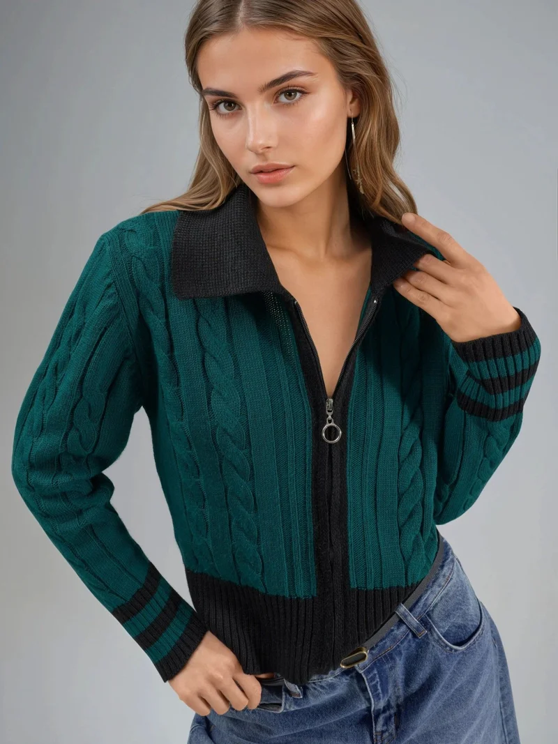 MY FASHION Polo Neck Zippered Cardigan
