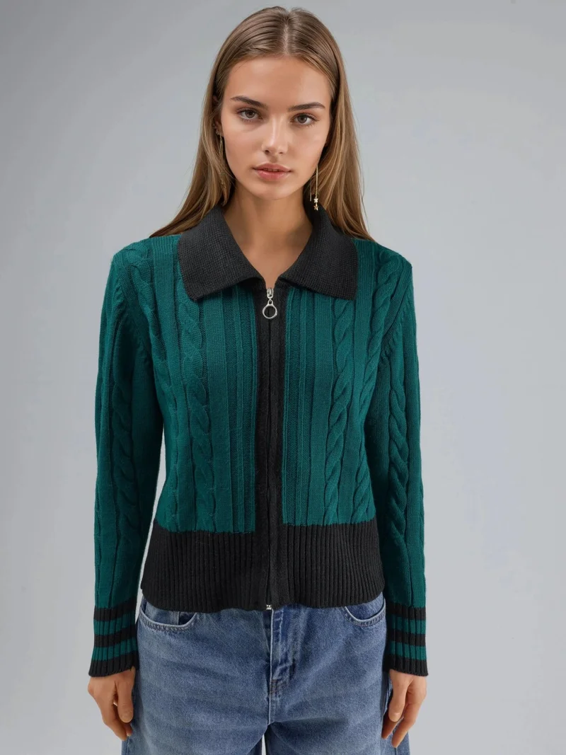 MY FASHION Sacramento Green MY FASHION Polo Neck Zippered Cardigan for Women | Best Price UAE