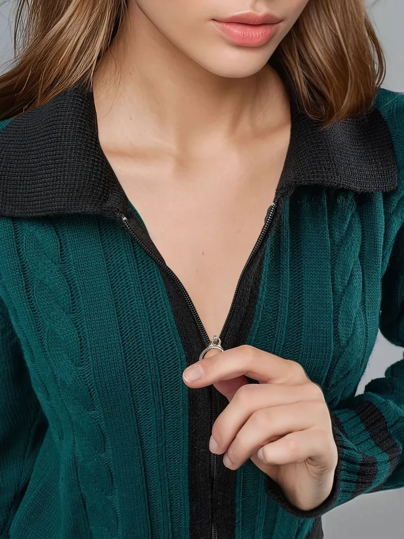 MY FASHION Sacramento Green MY FASHION Polo Neck Zippered Cardigan for Women | Best Price UAE