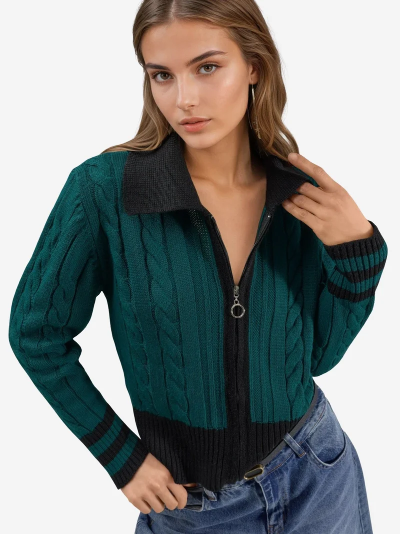 MY FASHION Polo Neck Zippered Cardigan