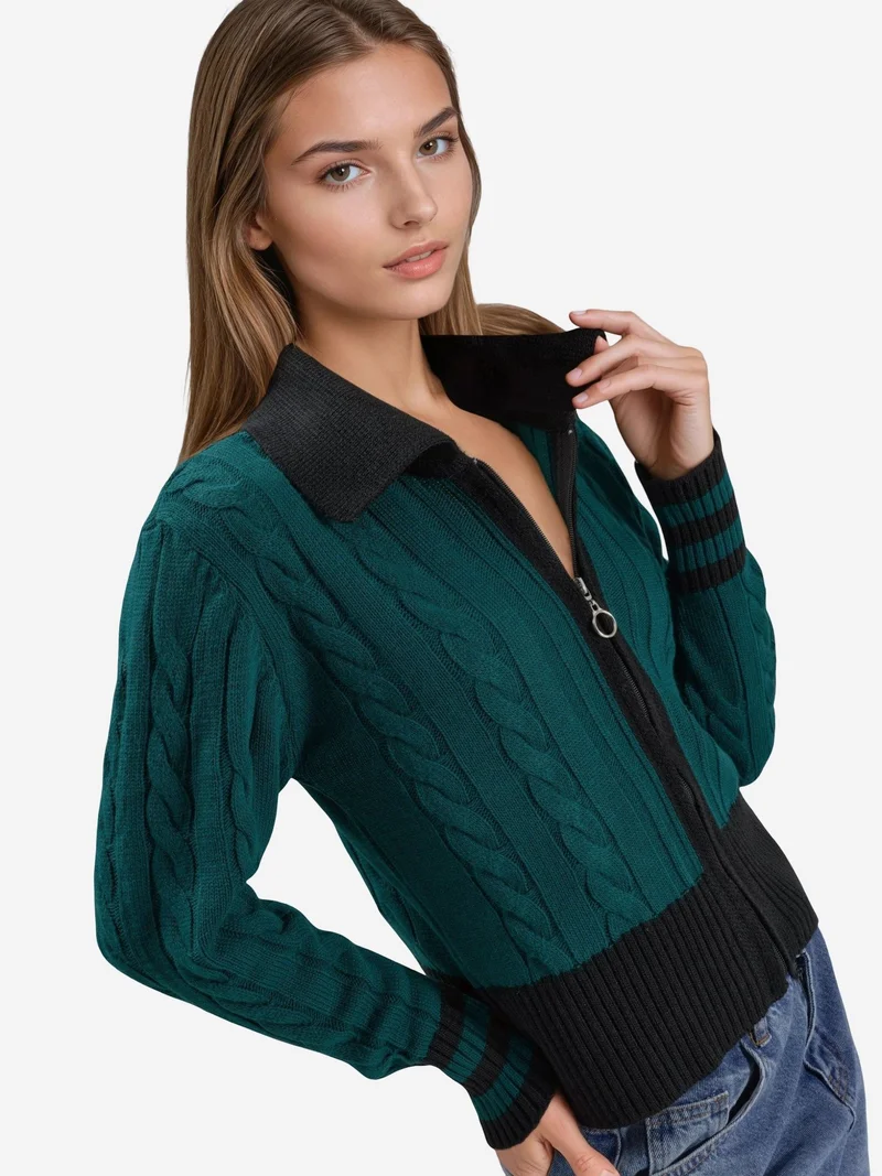 My Fashion Sacramento Green MY FASHION Polo Neck Zippered Cardigan for Women | Best Price UAE