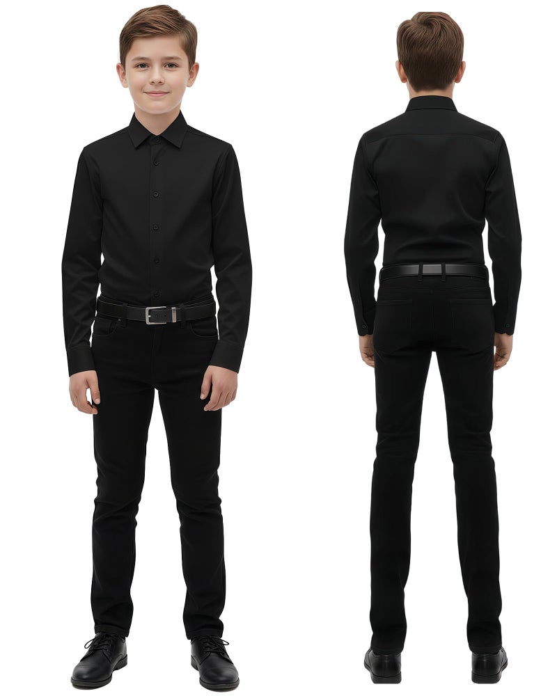 BlissBuggy Boys Dress Shirt Wrinkle-Free Stretch Button Down Shirts Kids Long Sleeve Formal School Uniform Shirt Black - Image 2