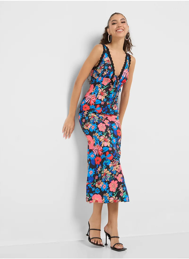 جينجر Floral Print Satin Slip Dress With Lace Detail