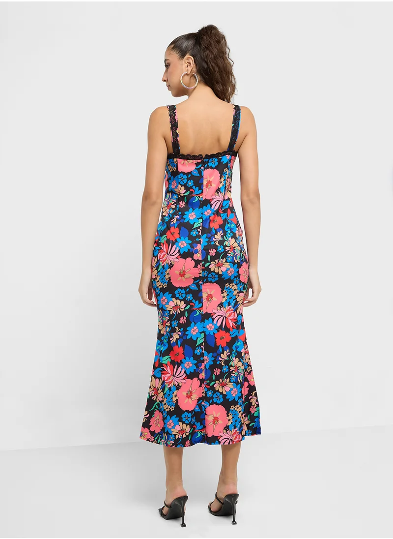 Ginger Floral Print Satin Slip Dress With Lace Detail