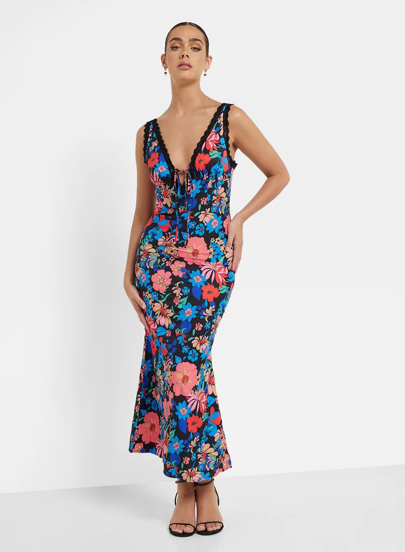 جينجر Floral Print Satin Slip Dress With Lace Detail