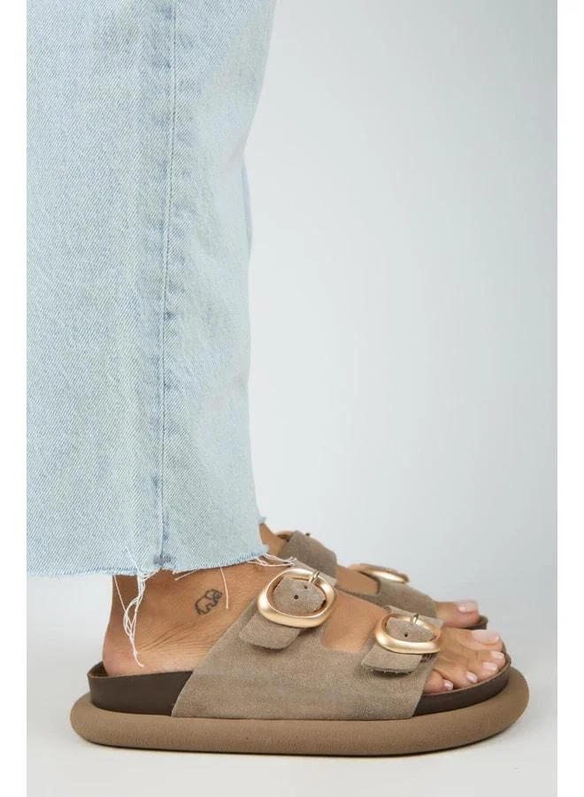Manijero  Narducci Women's Genuine Leather Double Buckle Beige Slippers. for Women | Best Price UAE