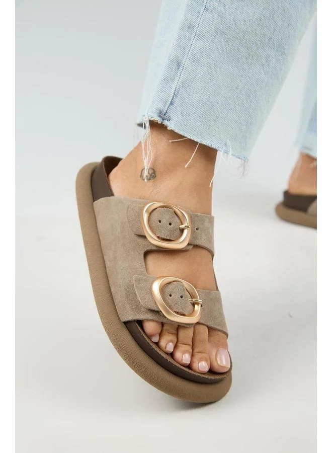 Narducci Women's Genuine Leather Double Buckle Beige Slippers.