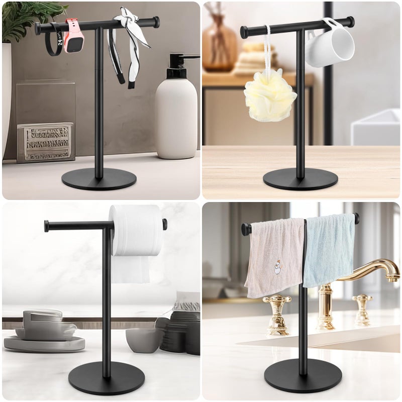 KEWANNO Hand Towel Holder, Matte Black Bathroom Towel Racks, Countertop Towel Stand, T-Shape Towel Holder for Bathroom Kitchen, Size 11" L x 6.7" W x 16.1" H - Image 3