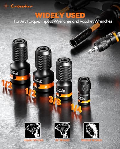 Crosstar Impact to 1/4 Hex Converter Set,Screwdriver Bit Holders,for Electric & impact Wrenches,Cr-Mo Steel,1/2 3/8 1/4-Inch Square Drive Female to Hex Socket, Quick Release Chuck Adapter,4 Pcs - Image 5