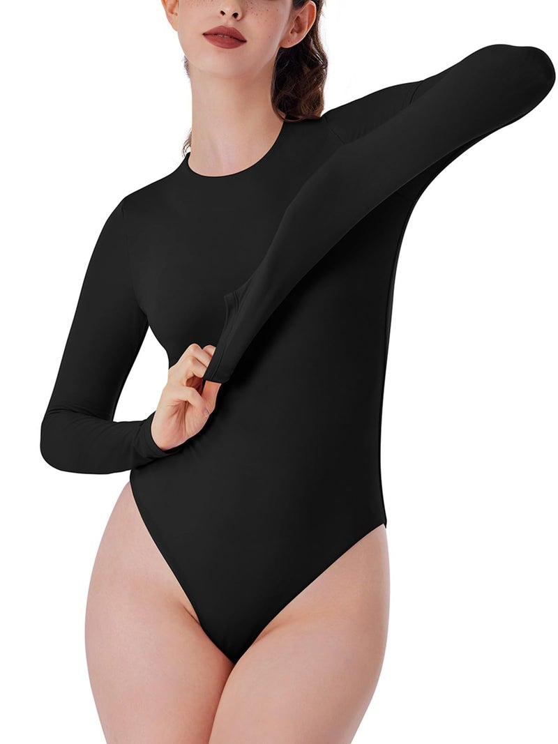 REORIA Women's Long Sleeve Bodysuits Crew Neck Slim Double Lined Basic Layering Body Suits Fall Going Out Tops Winter Outfits 2025(Black Small) - Image 2