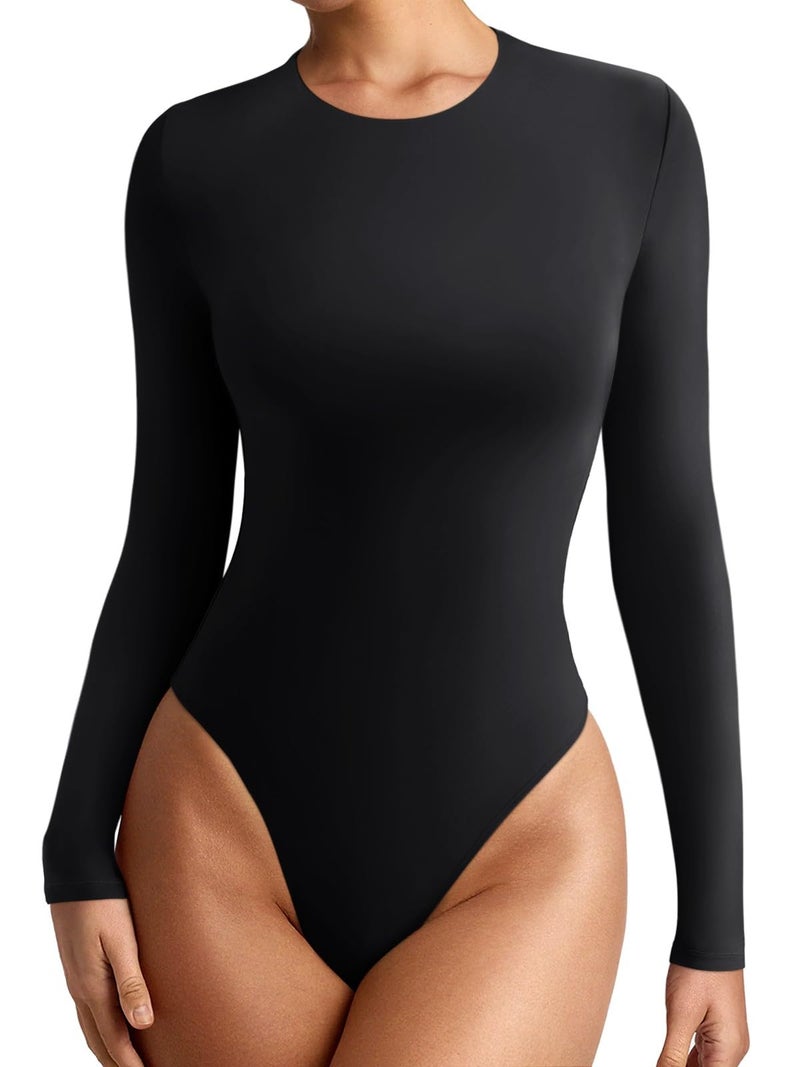 REORIA Women's Long Sleeve Bodysuits Crew Neck Slim Double Lined Basic Layering Body Suits Fall Going Out Tops Winter Outfits 2025(Black Small) - Image 1