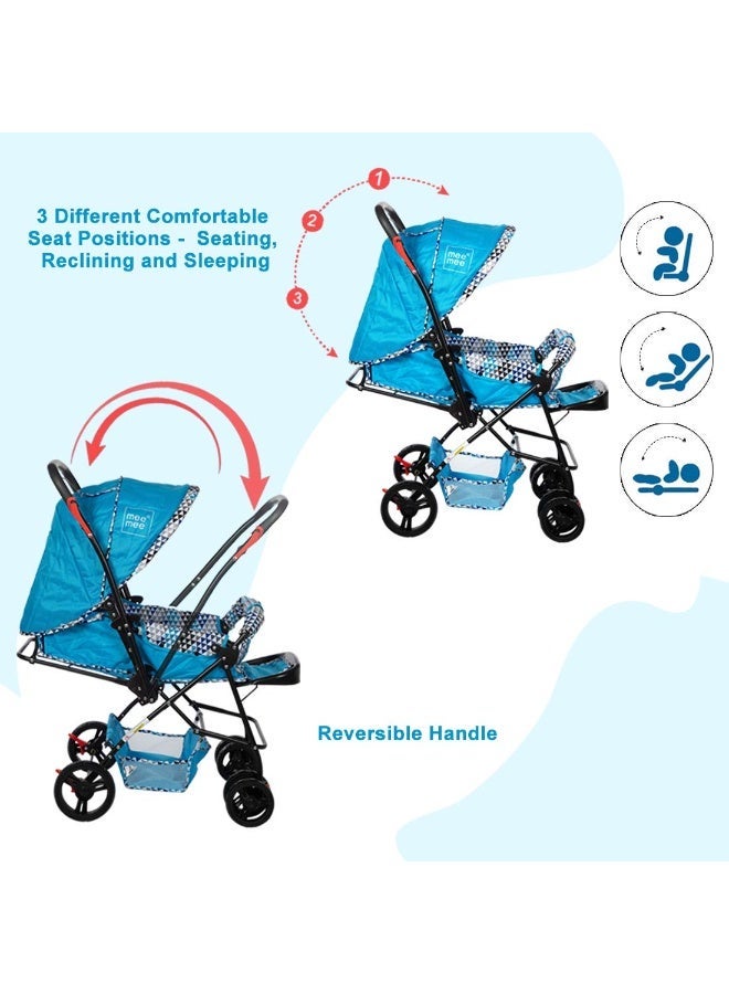 Mee Mee Baby Stroller Pram 3 Position Seating Reversible Handle Fully Rotating Wheels for Newborn Baby/Kids, 0-4 Years, Light Blue - Image 3