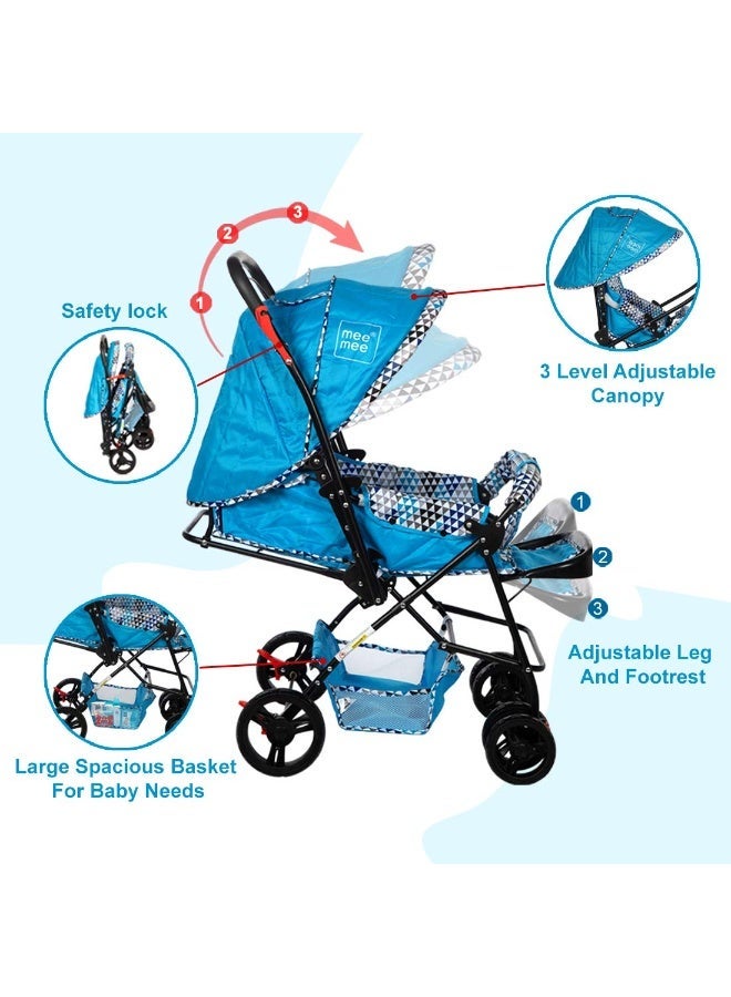 Mee Mee Baby Stroller Pram 3 Position Seating Reversible Handle Fully Rotating Wheels for Newborn Baby/Kids, 0-4 Years, Light Blue - Image 4