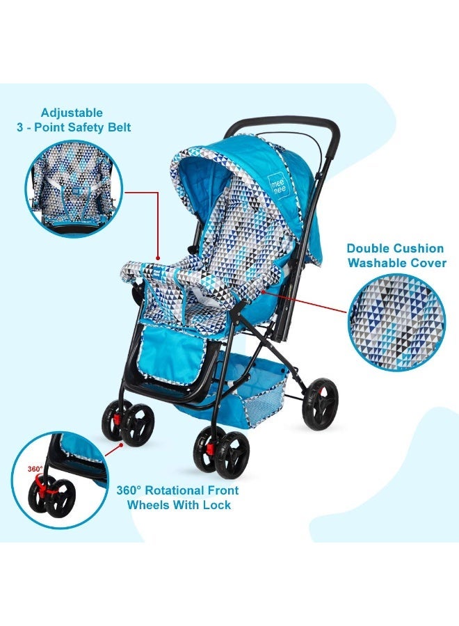 Mee Mee Baby Stroller Pram 3 Position Seating Reversible Handle Fully Rotating Wheels for Newborn Baby/Kids, 0-4 Years, Light Blue - Image 2
