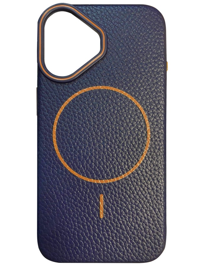 Magsafe Phone Case For iPhone 16 With High Quality Rubber Frame And Slim Lychee Pattern Leather Case with Camera Lens Protection Shockproof Cover And support wireless Charging Leather Cover for iPhone 16 - Blue/Orange - Image 2