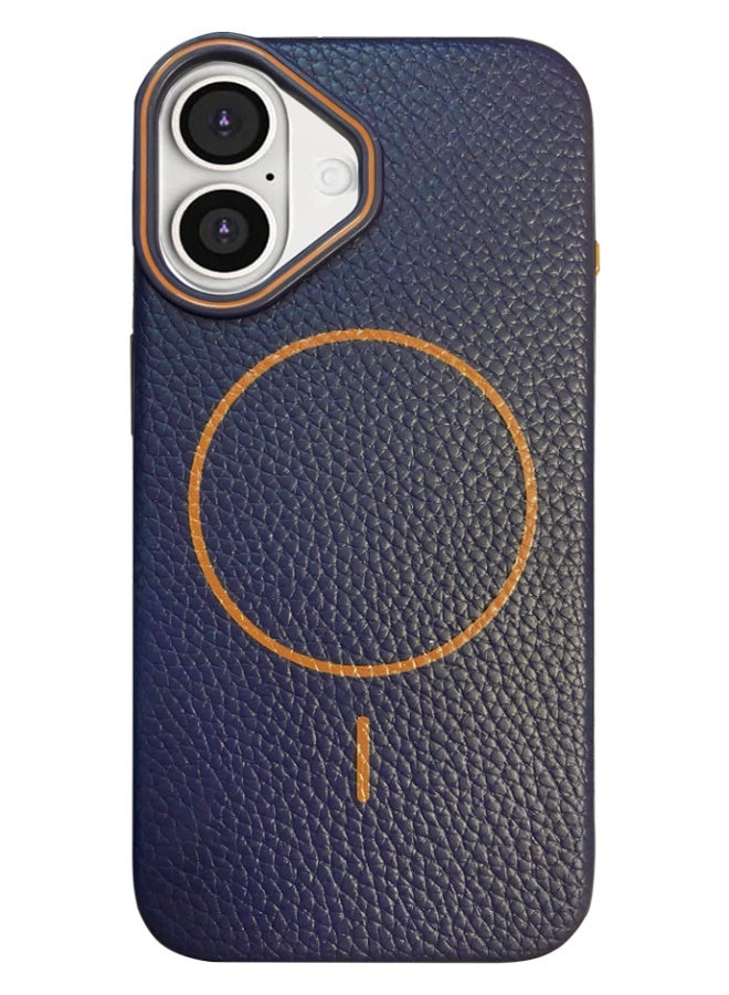 Magsafe Phone Case For iPhone 16 With High Quality Rubber Frame And Slim Lychee Pattern Leather Case with Camera Lens Protection Shockproof Cover And support wireless Charging Leather Cover for iPhone 16 - Blue/Orange - Image 1