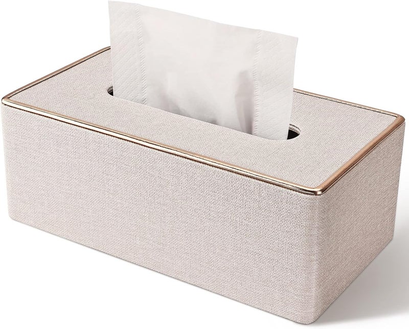GORESE Tissue Box Cover, PU Leather Tissue Box Holder, Rectangular Tissue Box Covers for Kleenex, Napkin, Rectangle Tissue Holder for Bathroom Home Office 9.84"X5.23"X3.77" Beige - Image 1