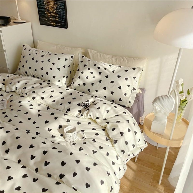 Nayoroom Black and White Heart Duvet Cover Queen Size Black Hearts Printed on White Bedding Set 3 Pcs Cute Kawaii Soft Breathable Microfiber Comforter Cover Valentine Gifts for Kids Girls - Image 1