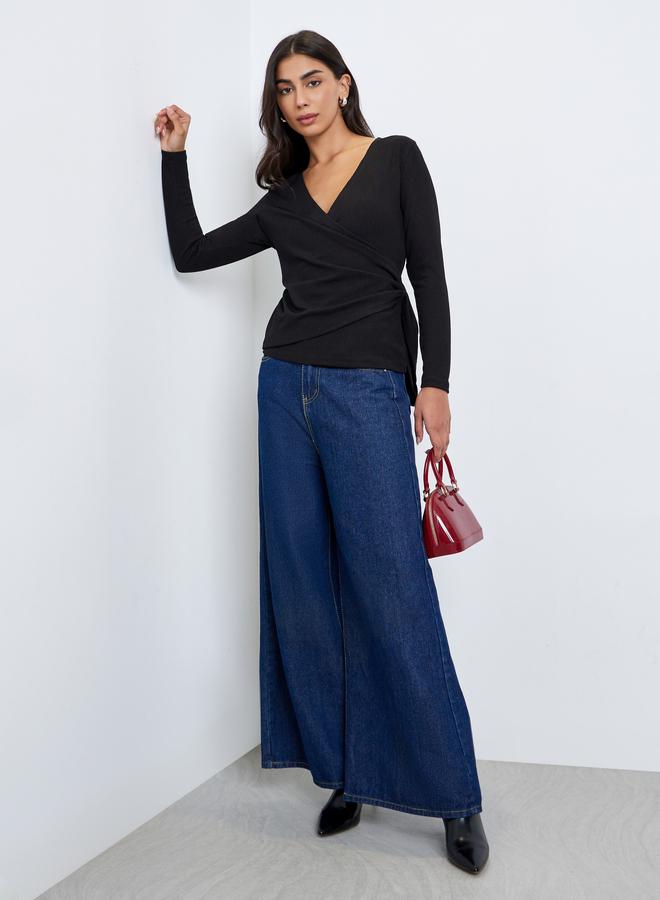 Styli Black Ribbed Wrap Top with Tie Detail