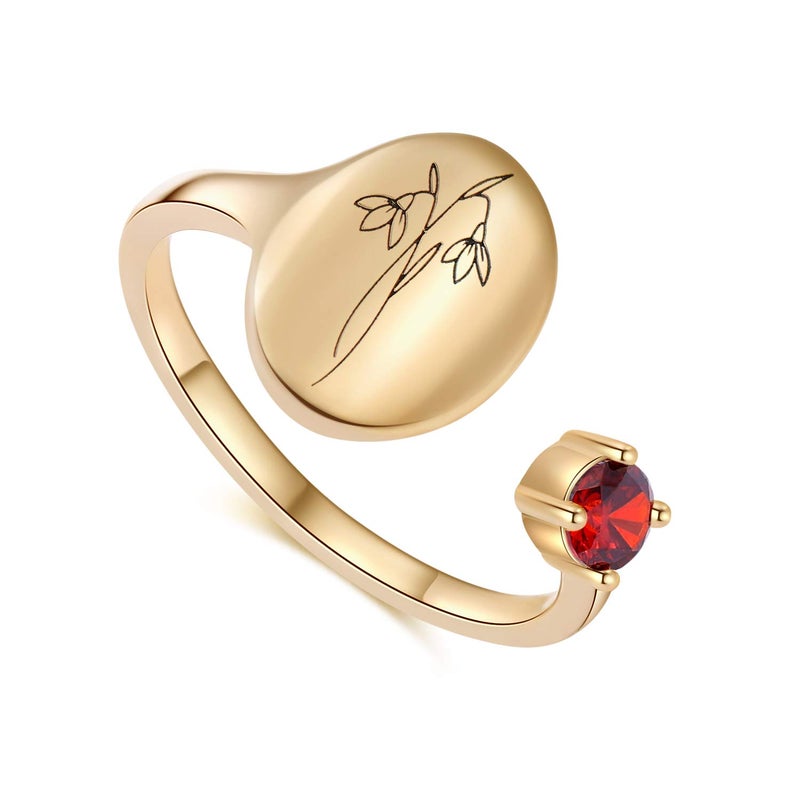 SLOONG Handmade Birth Flower Signet Ring - 14K Gold Plated Birth Stone Ring - Birthday Gift for Mom, Daughter, Girlfriend, Wife (January-Snowdrop) - Image 1