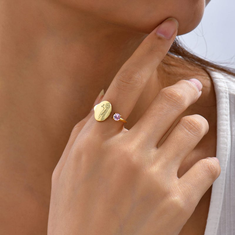 SLOONG Handmade Birth Flower Signet Ring - 14K Gold Plated Birth Stone Ring - Birthday Gift for Mom, Daughter, Girlfriend, Wife (January-Snowdrop) - Image 3