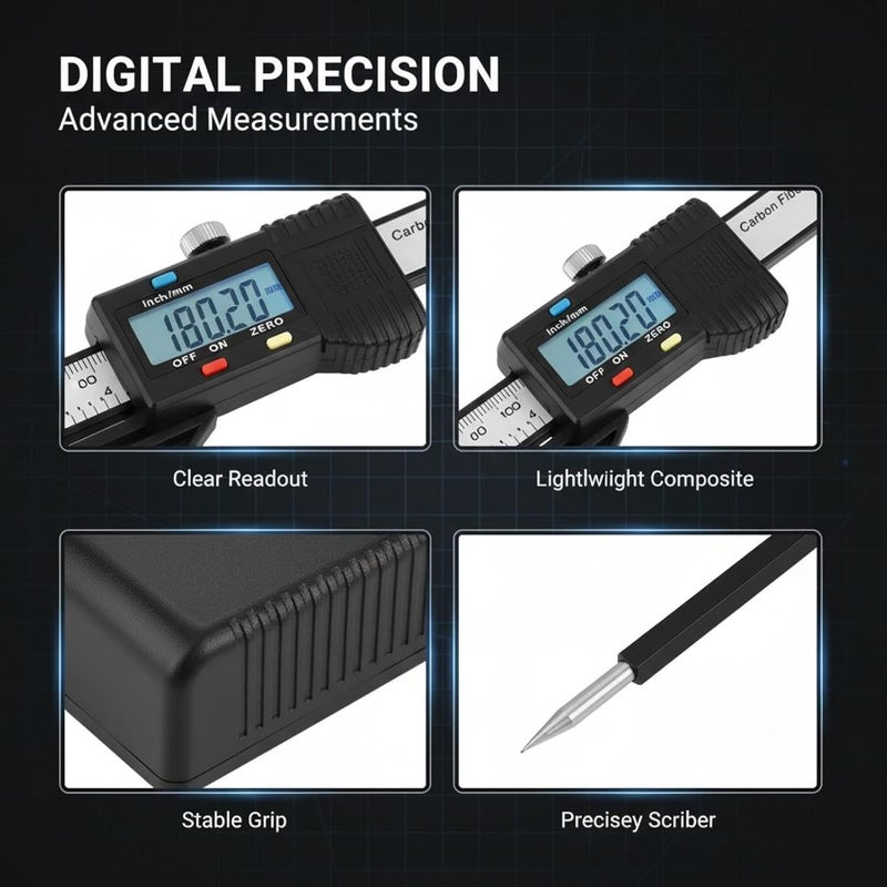 جهاز قياس الارتفاع الرقمي، هيكل من الألياف الكربونية، أداة لقياس العمق، شاشة عرض LCD، قاعدة تثبيت قوية وقلم من سبيكة معدنية - Image 2