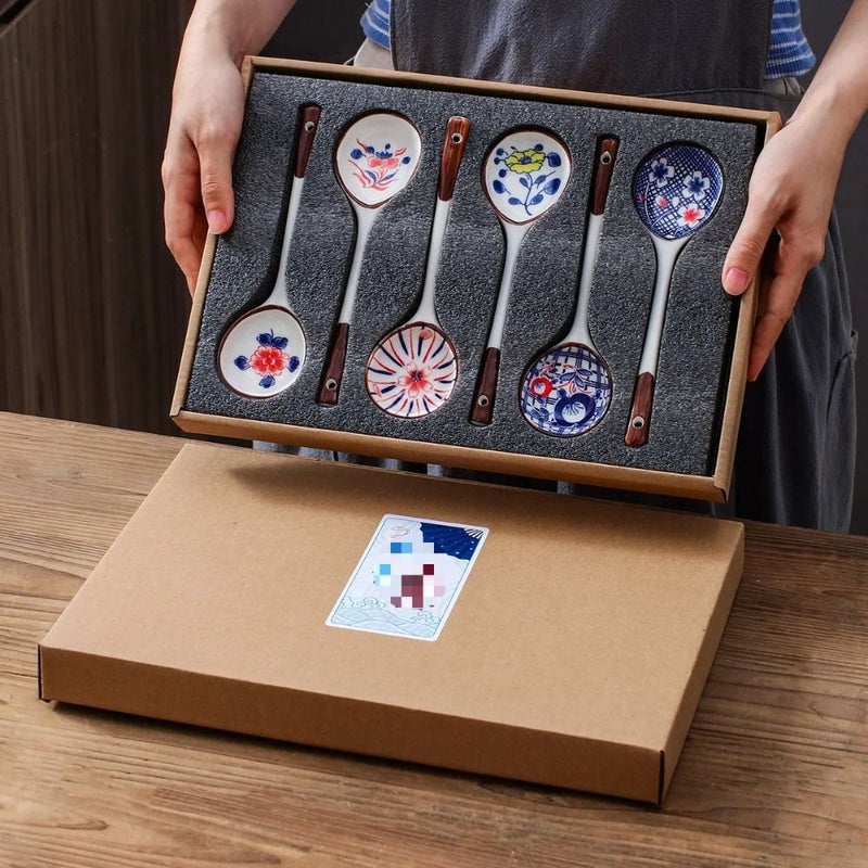 4pcs Set Japanese Hand Painted Ceramic Long Handle Spoon Kitchen Gift - Image 1