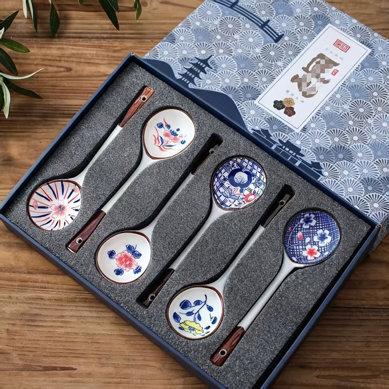 4pcs Set Japanese Hand Painted Ceramic Long Handle Spoon Kitchen Gift - Image 4