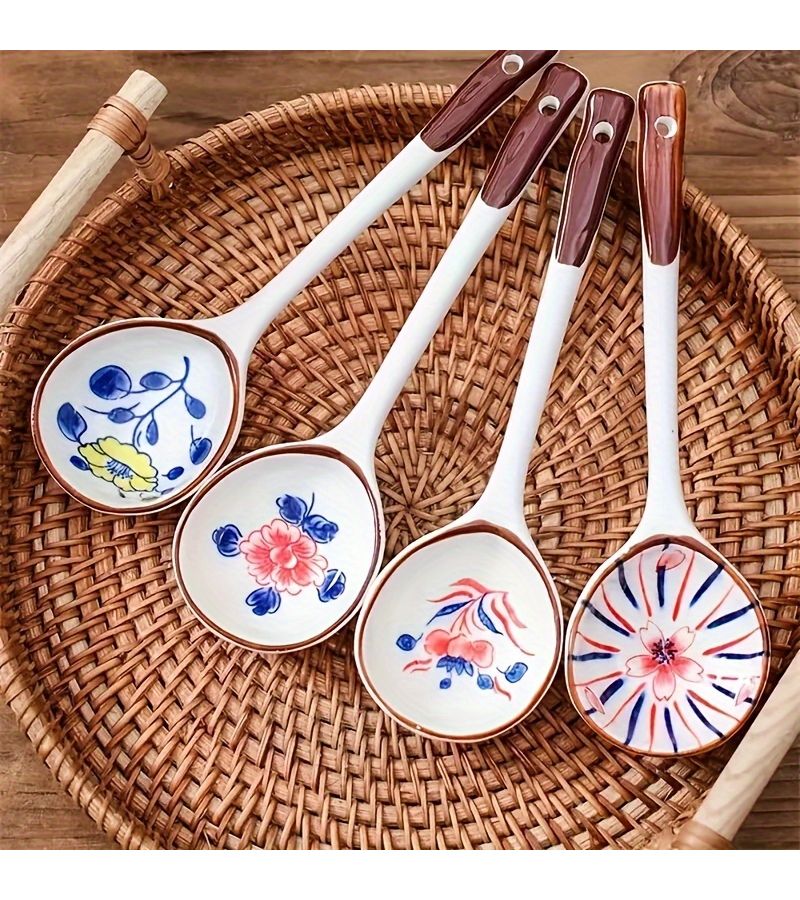 4pcs Set Japanese Hand Painted Ceramic Long Handle Spoon Kitchen Gift - Image 3