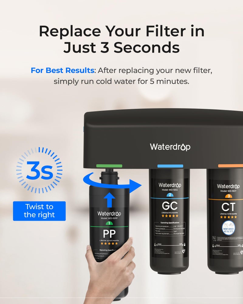 Waterdrop WD-10PP Under Sink Water Filter, Replacement for Waterdrop TSA & TSB &TSB-CM 3-stage Under Sink Water Filter System - Image 5