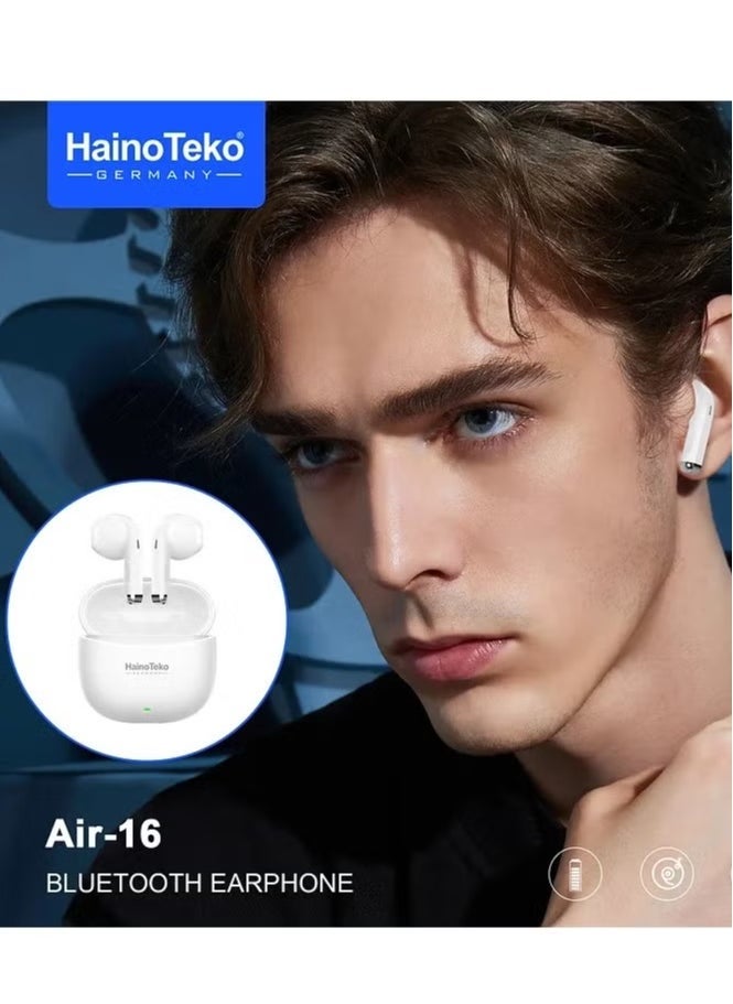 Haino Teko Wireless AIR-16 In-Ear Bluetooth Earphones with Free Cover & Hook – Original Quality, Comfortable Fit, Premium Sound – Compatible with iOS & Android Devices – White, Perfect for Sports, Music, and Calls - Image 2