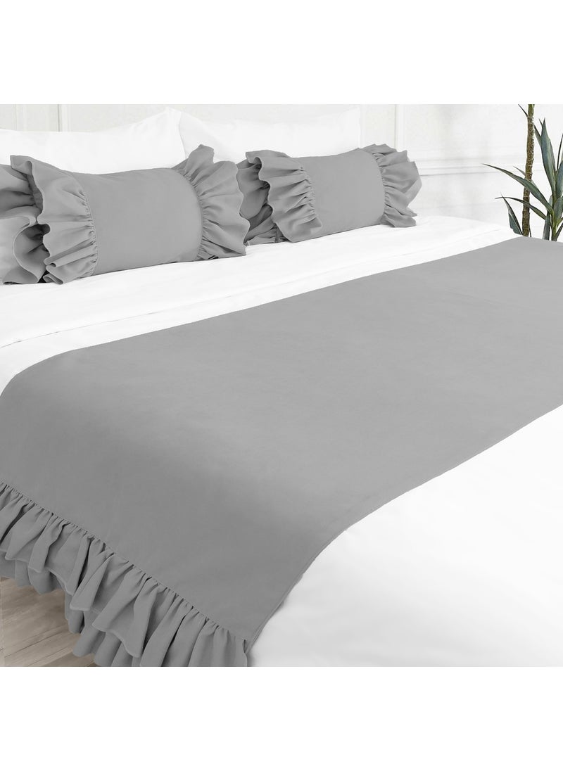 Ritmo Home Bed Runner & Stuffed Throw Pillow Set Frilly Gray  - Image 1