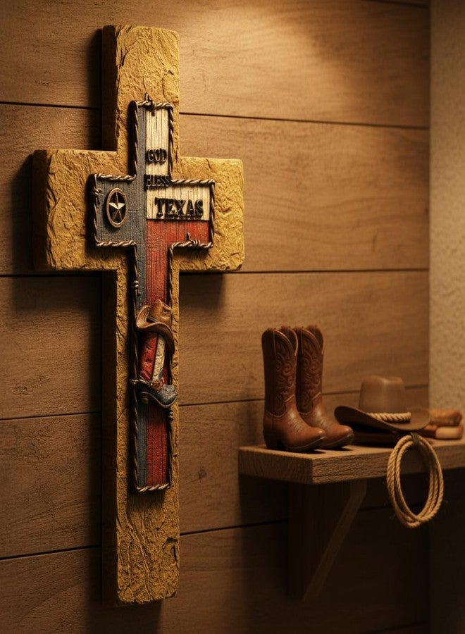 Comfy Hour 14" God Bless Texas Cowboy Cross Wall Decor, Western Style Lone Star State Flag Plaque with Boot and Hat, Religious Artisan Crafted Resin Sculpture, Country Home Accent - Image 5