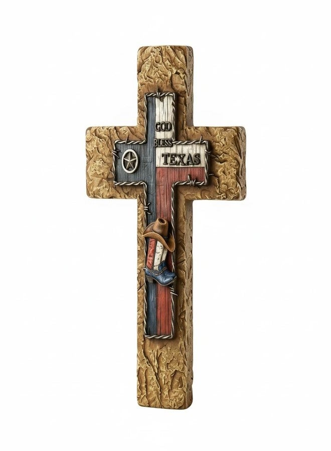 Comfy Hour 14" God Bless Texas Cowboy Cross Wall Decor, Western Style Lone Star State Flag Plaque with Boot and Hat, Religious Artisan Crafted Resin Sculpture, Country Home Accent - Image 1
