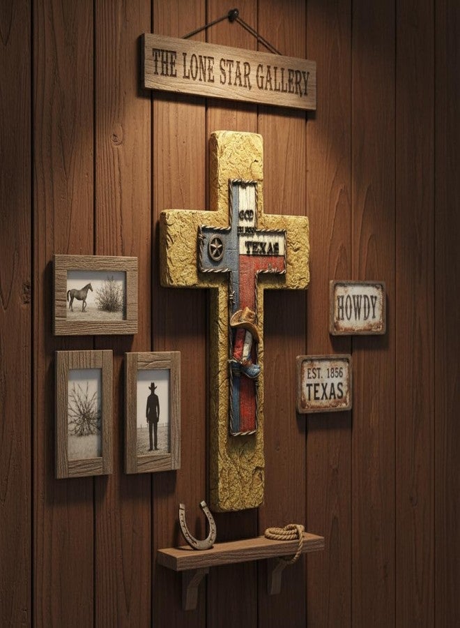 Comfy Hour 14" God Bless Texas Cowboy Cross Wall Decor, Western Style Lone Star State Flag Plaque with Boot and Hat, Religious Artisan Crafted Resin Sculpture, Country Home Accent - Image 3
