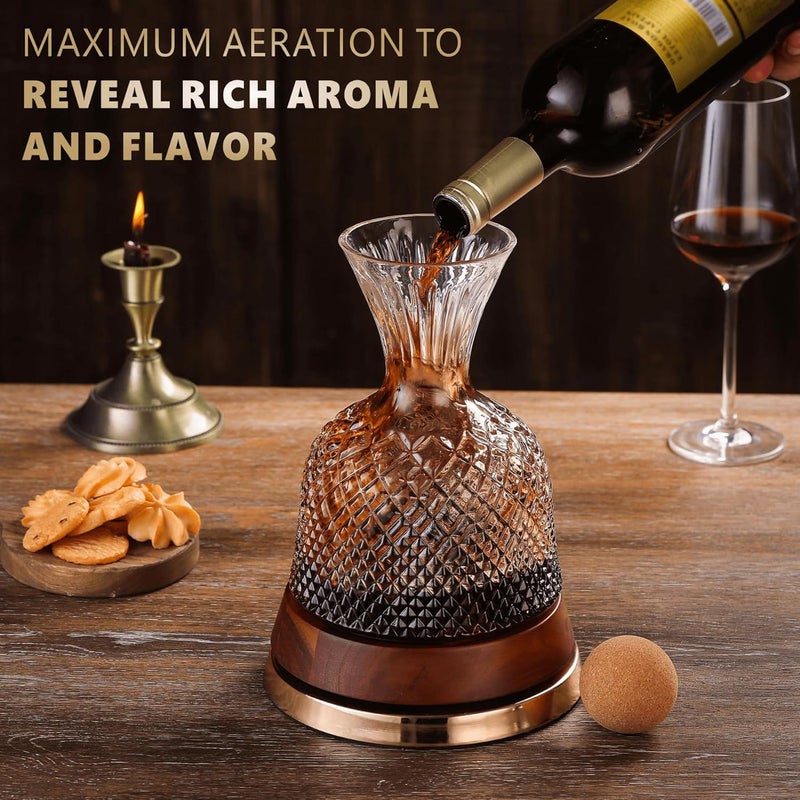 ALLCENER Rotating Wine Decanter with Wooden Base – 360° Spinning Wine Aerator for Fast Oxygenation, Crystal Clear Wine Carafe Decanter for Red Wine, Elegant Wine Decanter Set & Gift Choice - Image 2