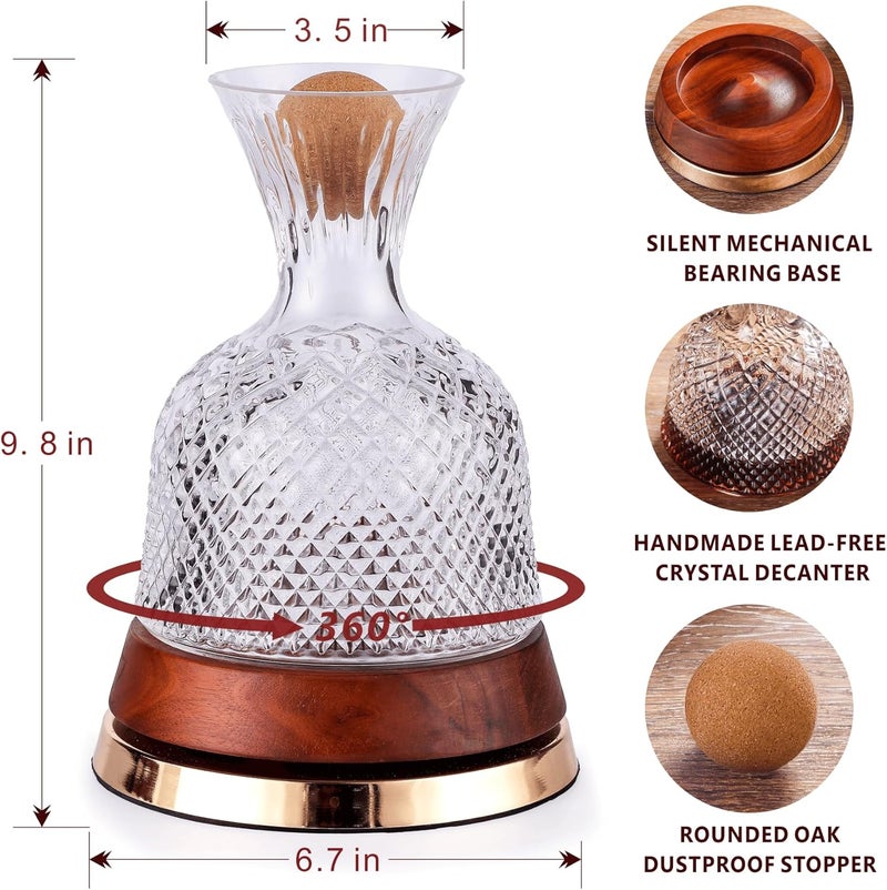 ALLCENER Rotating Wine Decanter with Wooden Base – 360° Spinning Wine Aerator for Fast Oxygenation, Crystal Clear Wine Carafe Decanter for Red Wine, Elegant Wine Decanter Set & Gift Choice - Image 4