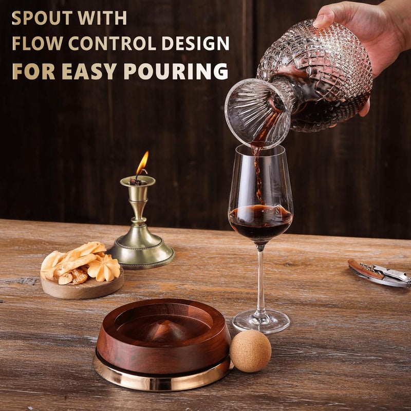 ALLCENER Rotating Wine Decanter with Wooden Base – 360° Spinning Wine Aerator for Fast Oxygenation, Crystal Clear Wine Carafe Decanter for Red Wine, Elegant Wine Decanter Set & Gift Choice - Image 3