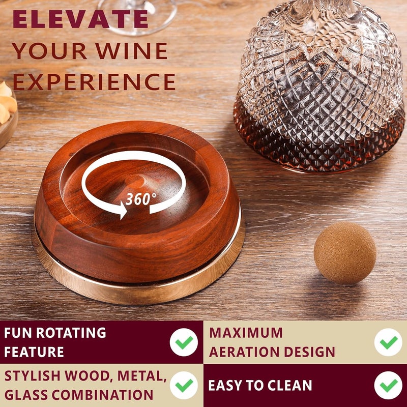 ALLCENER Rotating Wine Decanter with Wooden Base – 360° Spinning Wine Aerator for Fast Oxygenation, Crystal Clear Wine Carafe Decanter for Red Wine, Elegant Wine Decanter Set & Gift Choice - Image 5
