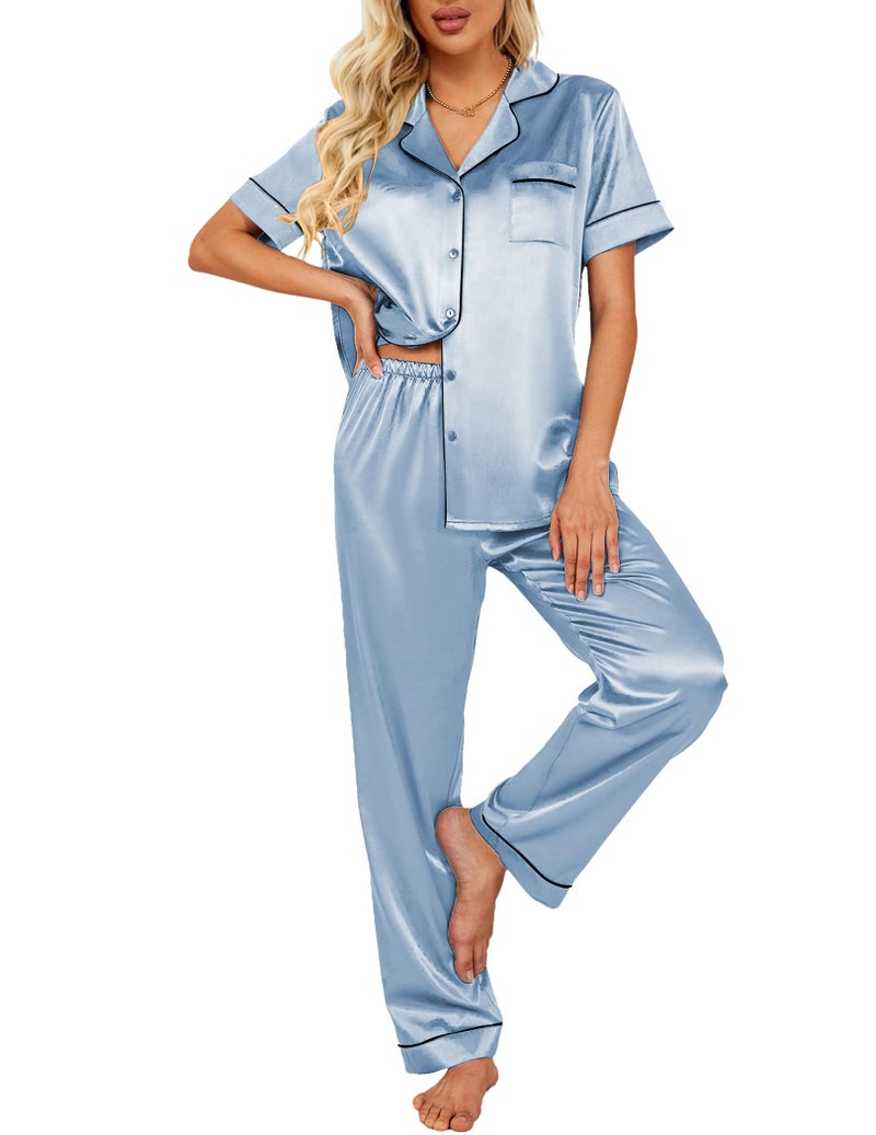 Ekouaer Silk Satin Pajamas Set Women Short Sleeve Sleepwear Soft Button Down Loungewear Pjs Set Light blue Medium - Image 1