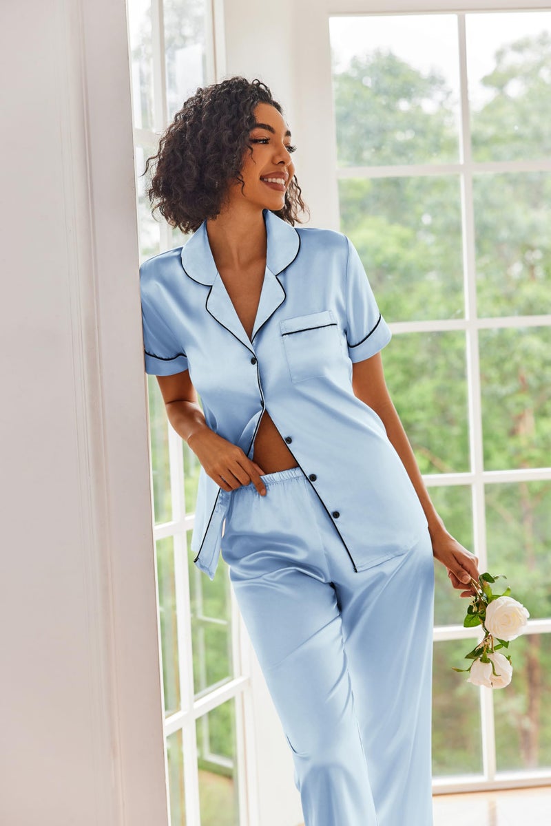 Ekouaer Silk Satin Pajamas Set Women Short Sleeve Sleepwear Soft Button Down Loungewear Pjs Set Light blue Medium - Image 3