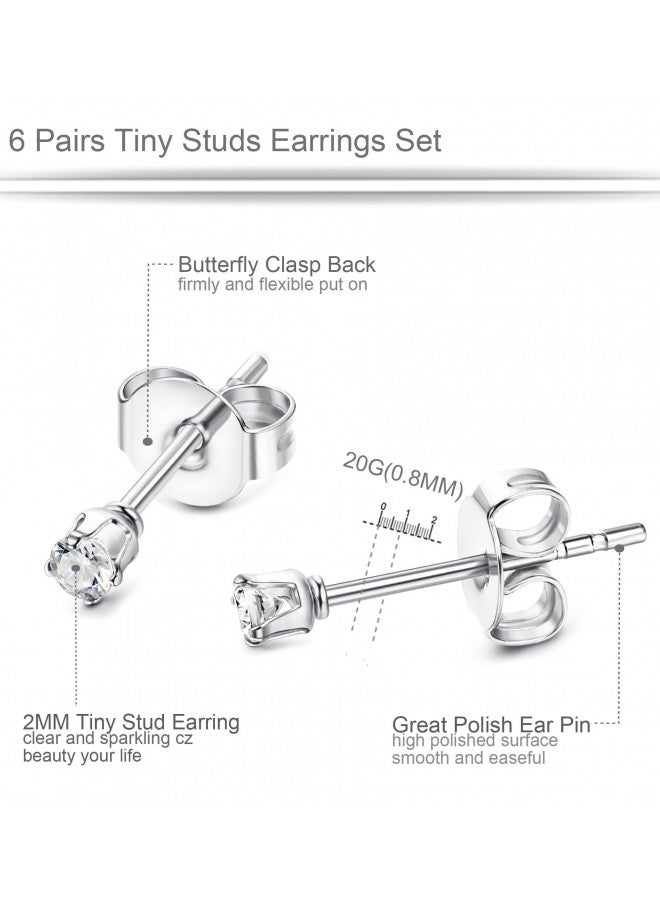 ORAZIO 6 Pairs Tiny 2mm Stainless Steel Stud Earrings For Mens Womens CZ Round Ball Cartilage Earrings Set,Silver Tone - Image 2