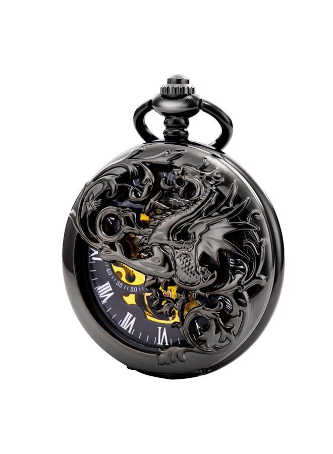 TREEWETO Antique Mechanical Pocket Watch Lucky Dragon Hollow Case Double Hunter Skeleton Dial with Chain + Gift Box - Image 1