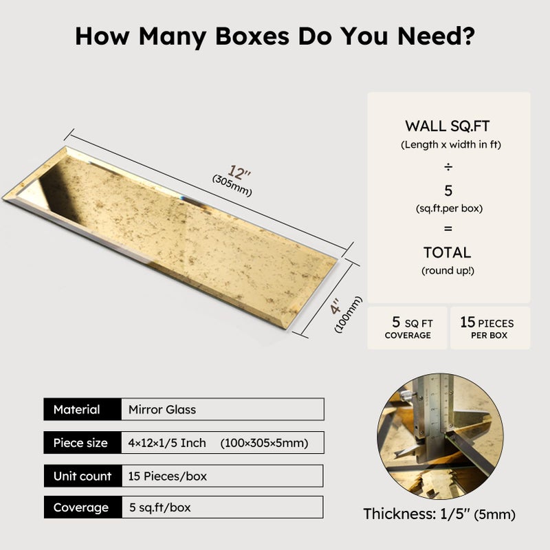 Diflart Peel and Stick Beveled Mirror Tile, Light Antique with Gold, 4x12 Inch, Mirror Backsplash for Kitchen Bar Bathroom Wall Tile (5 Sq.ft, 15 Pcs) - Image 3