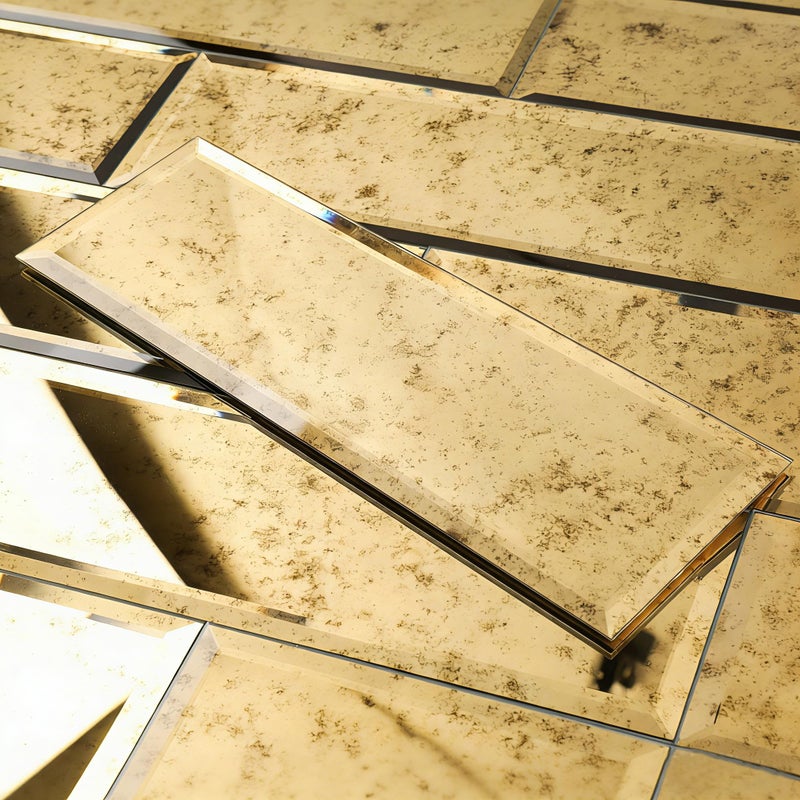 Diflart Peel and Stick Beveled Mirror Tile, Light Antique with Gold, 4x12 Inch, Mirror Backsplash for Kitchen Bar Bathroom Wall Tile (5 Sq.ft, 15 Pcs) - Image 1