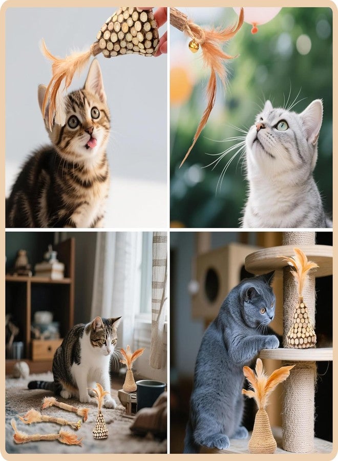 Walfront Cat Toys Interactive,Cats Chew Toys Sticks 2PCS Realistic Tree Stump Toys + 4PCS Pure Natural Log Sticks with Feathers and Bell Natural,Safe Dental Teething Toy for Indoor Cats - Image 2