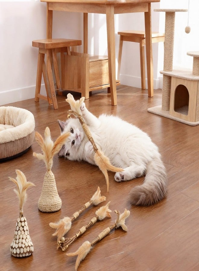 Walfront Cat Toys Interactive,Cats Chew Toys Sticks 2PCS Realistic Tree Stump Toys + 4PCS Pure Natural Log Sticks with Feathers and Bell Natural,Safe Dental Teething Toy for Indoor Cats - Image 3