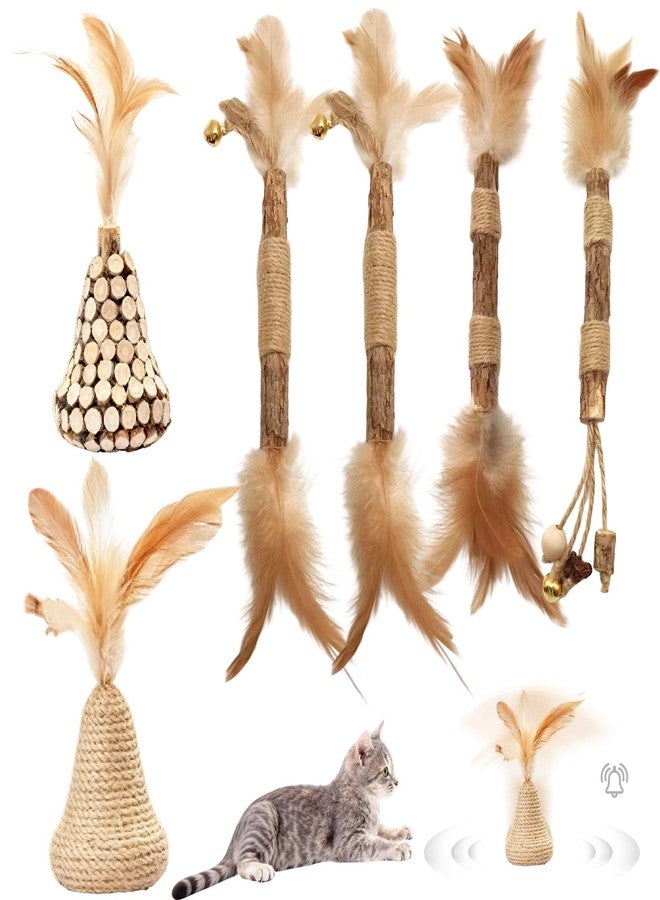 Walfront Cat Toys Interactive,Cats Chew Toys Sticks 2PCS Realistic Tree Stump Toys + 4PCS Pure Natural Log Sticks with Feathers and Bell Natural,Safe Dental Teething Toy for Indoor Cats - Image 1