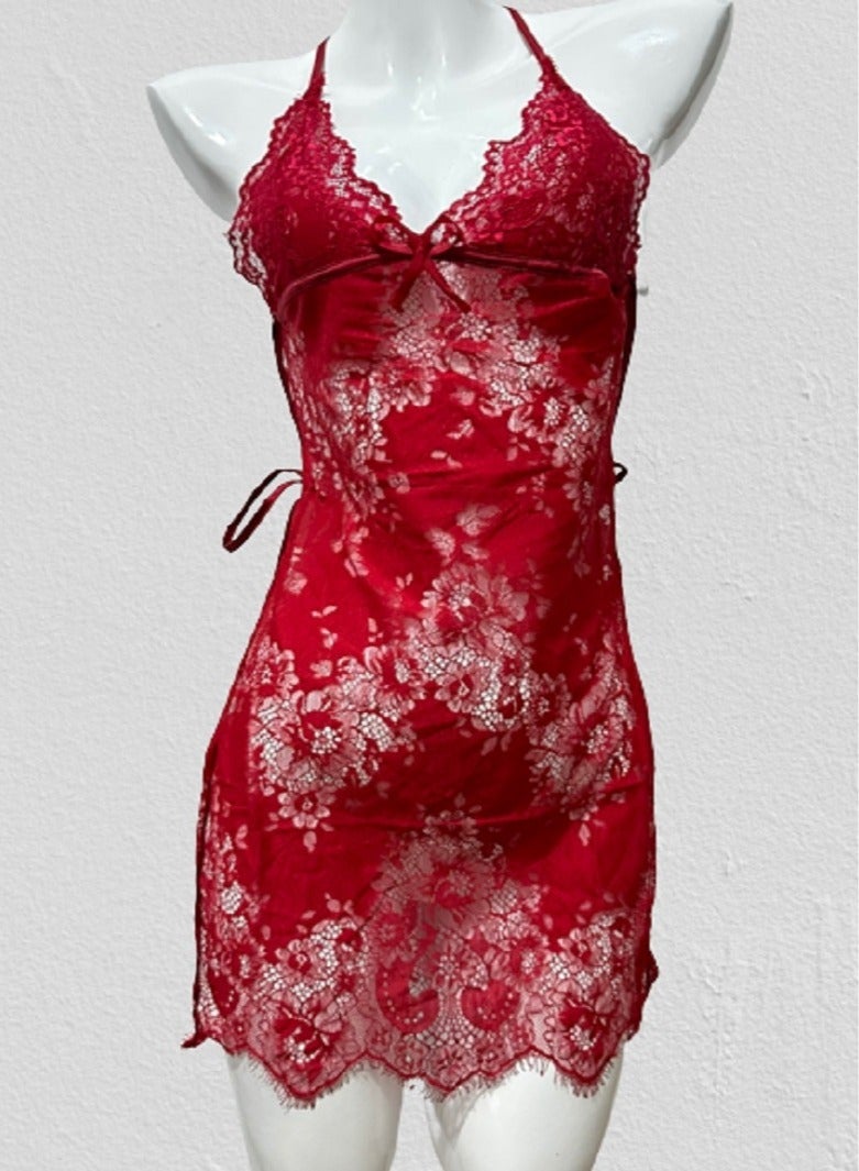 Joychic Women Backless Lace Detail Nightdress Wine Red 