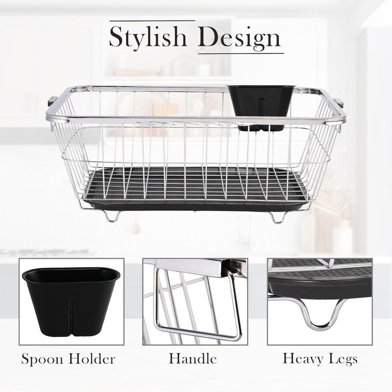 Kuber Industries Stainless Steel Dish Rack for Kitchen | Vessels Organizer Stands With Handle | Spoon Holder & Draining Tray Included | 17x22 Inch - Image 4